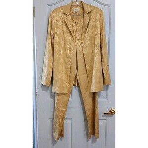 Cashe Vintage Women's Pantsuit 2Pieces Slim Fit Gold Satin Snakeskin 10/12 Party